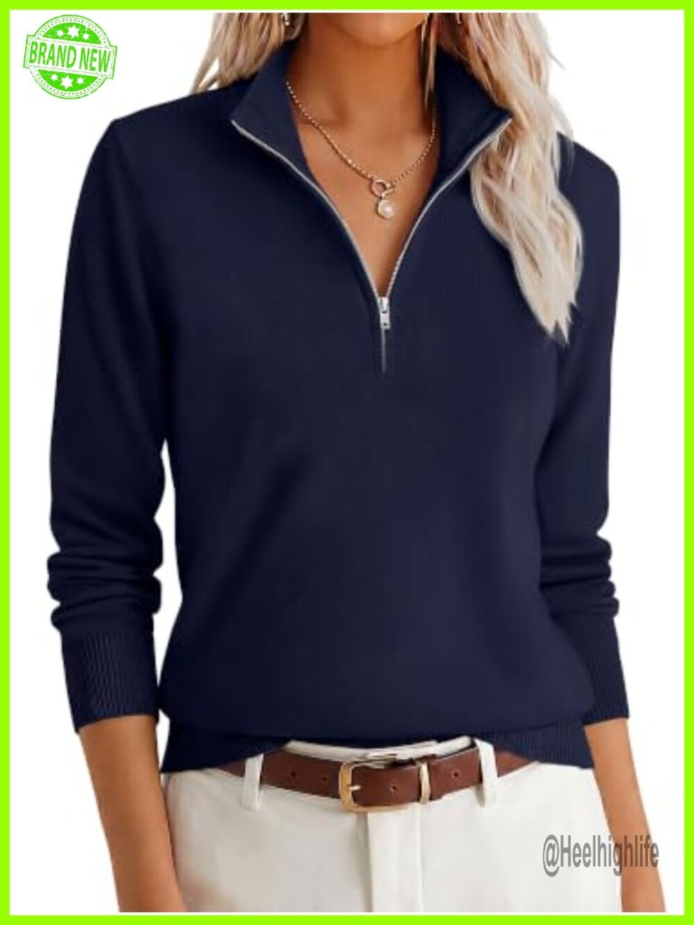 Quarter Zip Lightweight Knit Sweater Pullover Ribbed Cuffs Long Sleeve